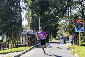 Biegacz w fioletowej koszulce, różowych skarpetach i numerze 211 mknie aleją wśród zieleni.