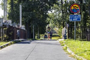 Grupa biegaczy na asfaltowej ścieżce mostu; na czele mężczyzna w zielonej koszulce z nadrukiem kaczątka.