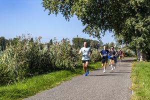 Mężczyzna w jasnoniebieskiej koszulce z numerem 410 prowadzi grupę biegaczy wzdłuż trasy otoczonej trzcinami i drzewami.